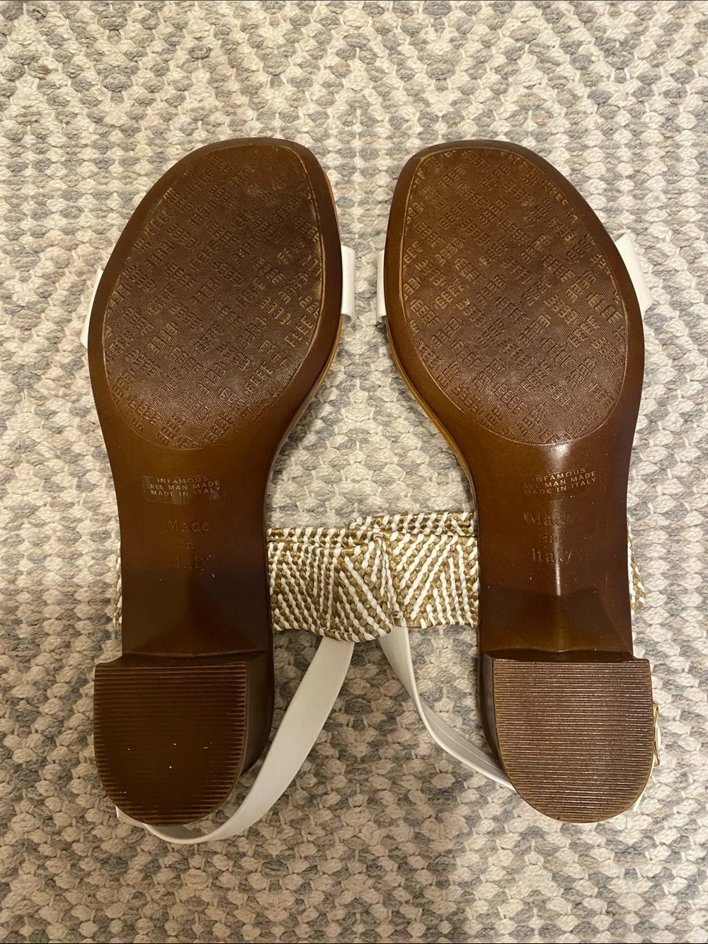 Italian Shoemakers 8 White/Tan Woven Faux Leather Heeled Sandals